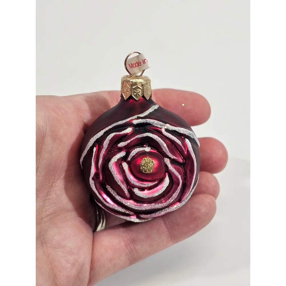 Poland Glass Rose Bud Christmas Ornament Burgundy Red Silver Glitter Floral 2in